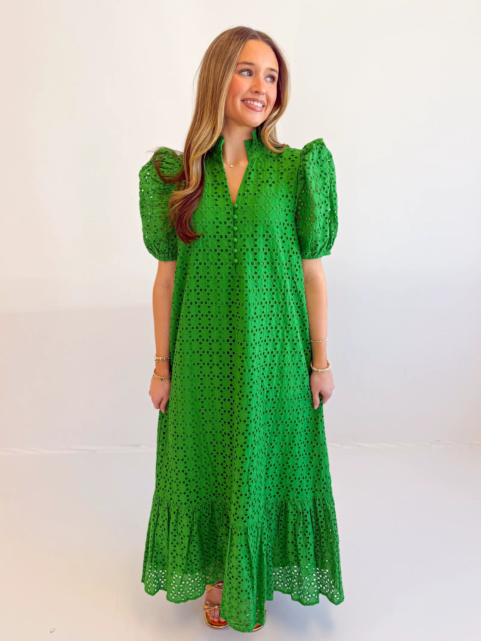 Holland Puff Sleeve Midi Dress in Green