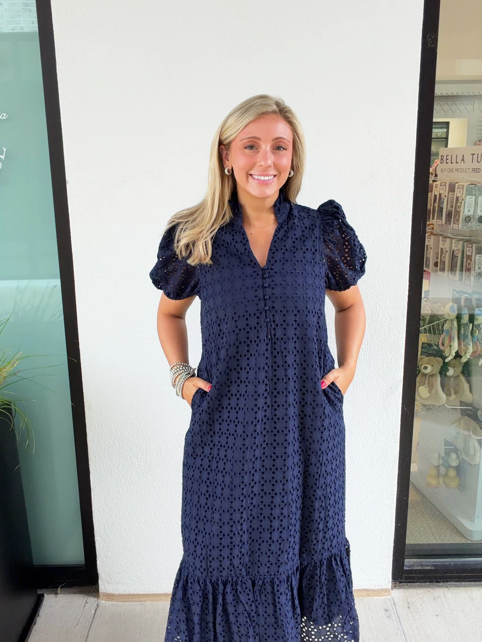 Holland Puff Sleeve Midi Dress in Navy