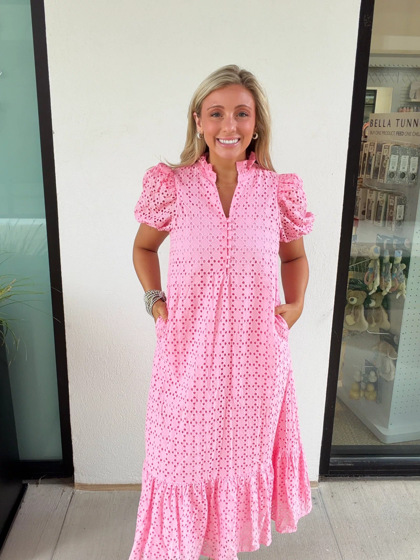 Holland Puff Sleeve Midi Dress in Pink