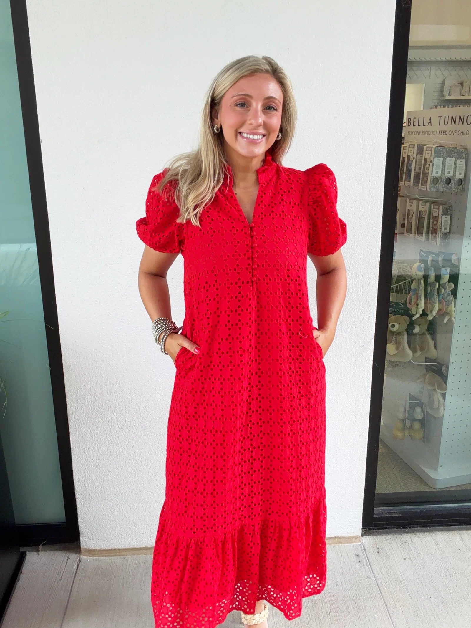 Holland Puff Sleeve Midi Dress in Red