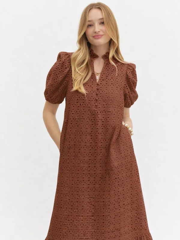 Holland Puff Sleeve Midi Dress in Brown