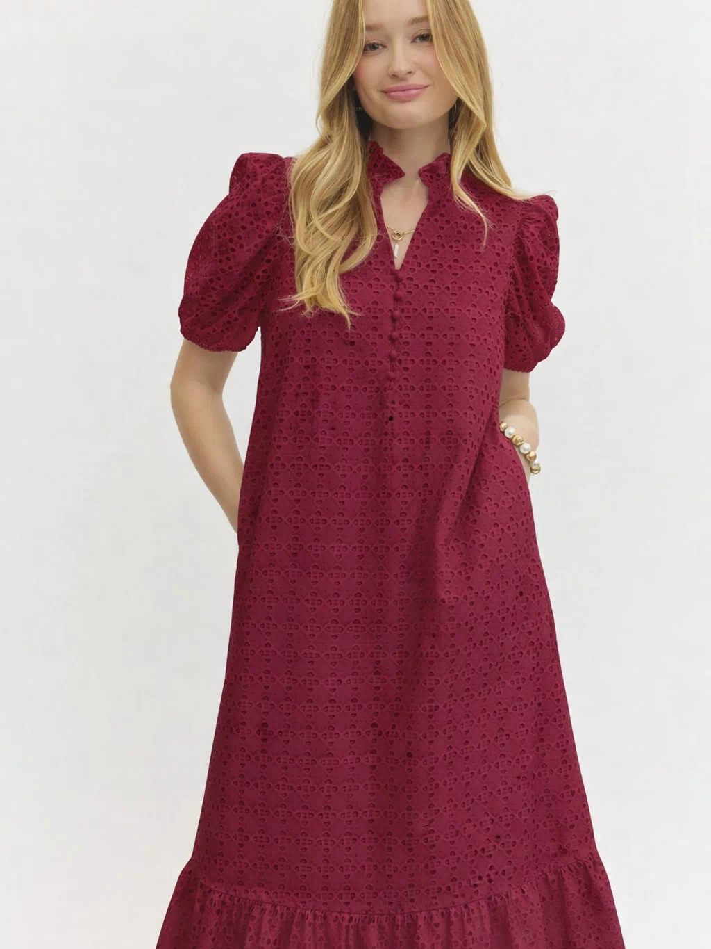 Holland Puff Sleeve Midi Dress in Burgundy