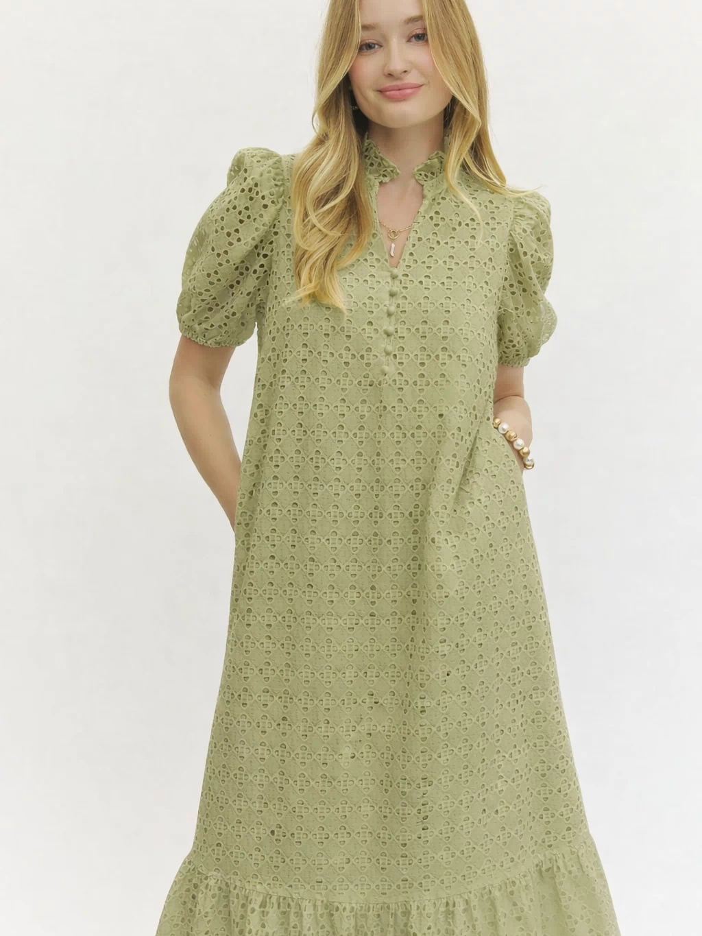 Holland Puff Sleeve Midi Dress in Olive