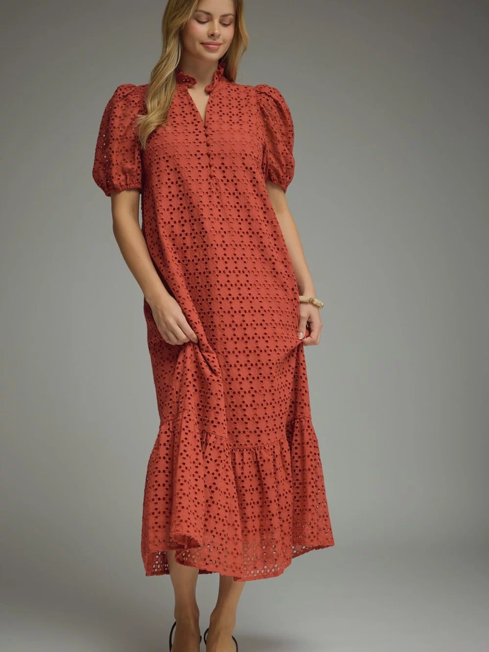 Holland Puff Sleeve Midi Dress in Rust