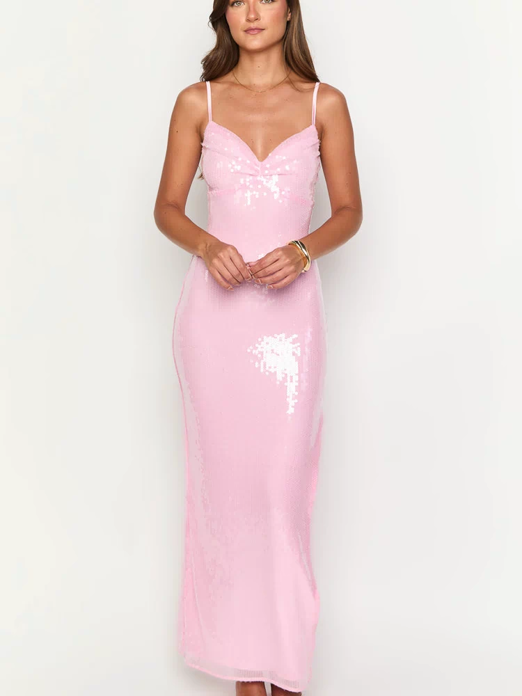 Front view of a honey pink sequin maxi dress with a V-neckline and thin spaghetti straps