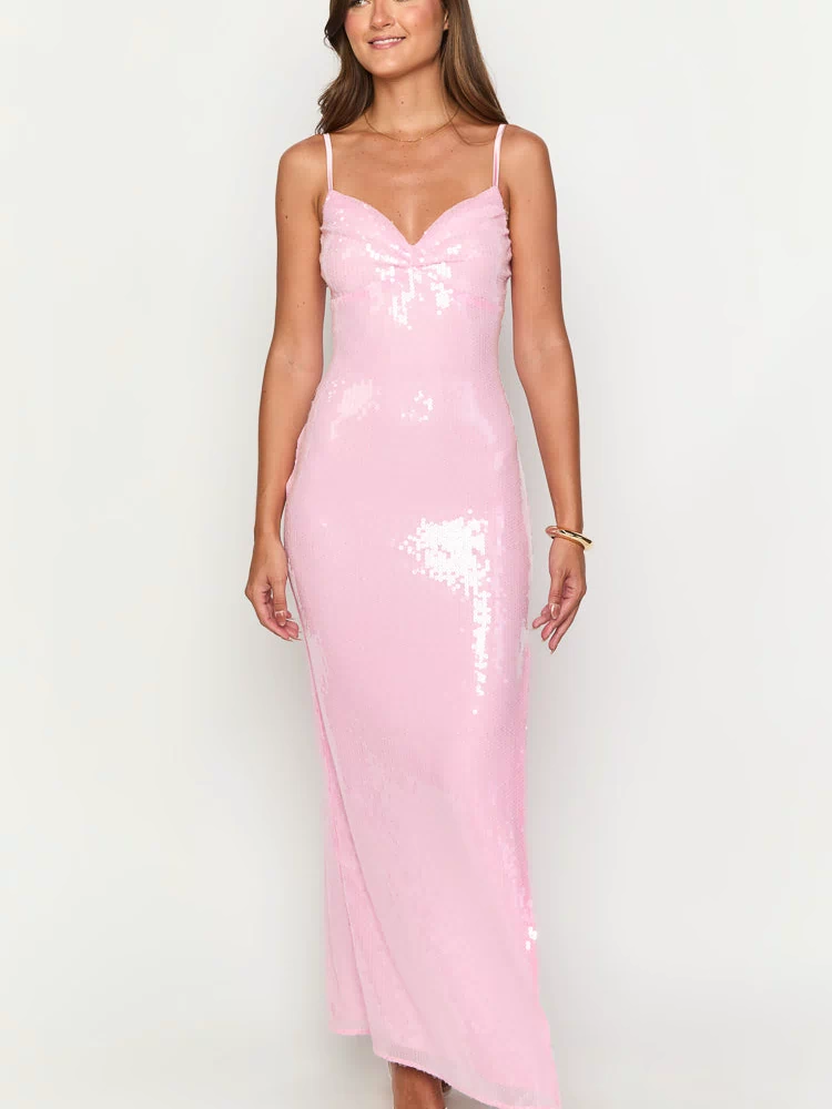 Front view of a fitted honey pink sequin maxi dress with a gathered sweetheart neckline and thin straps