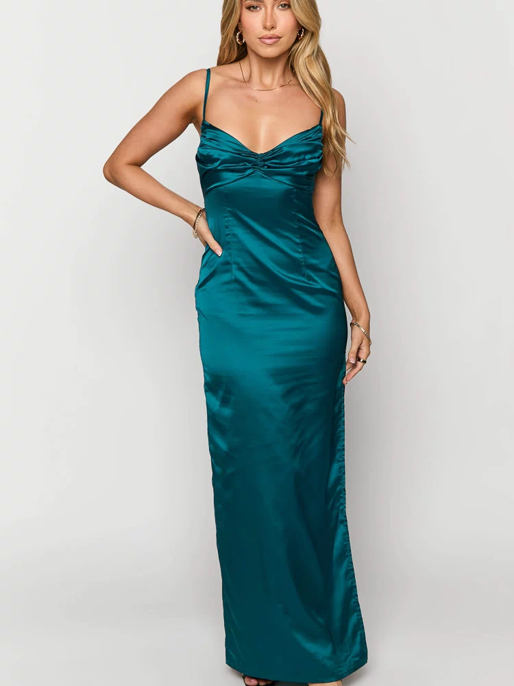 Teal satin maxi dress with a sweetheart neckline, ruched bust detail, and thin spaghetti straps