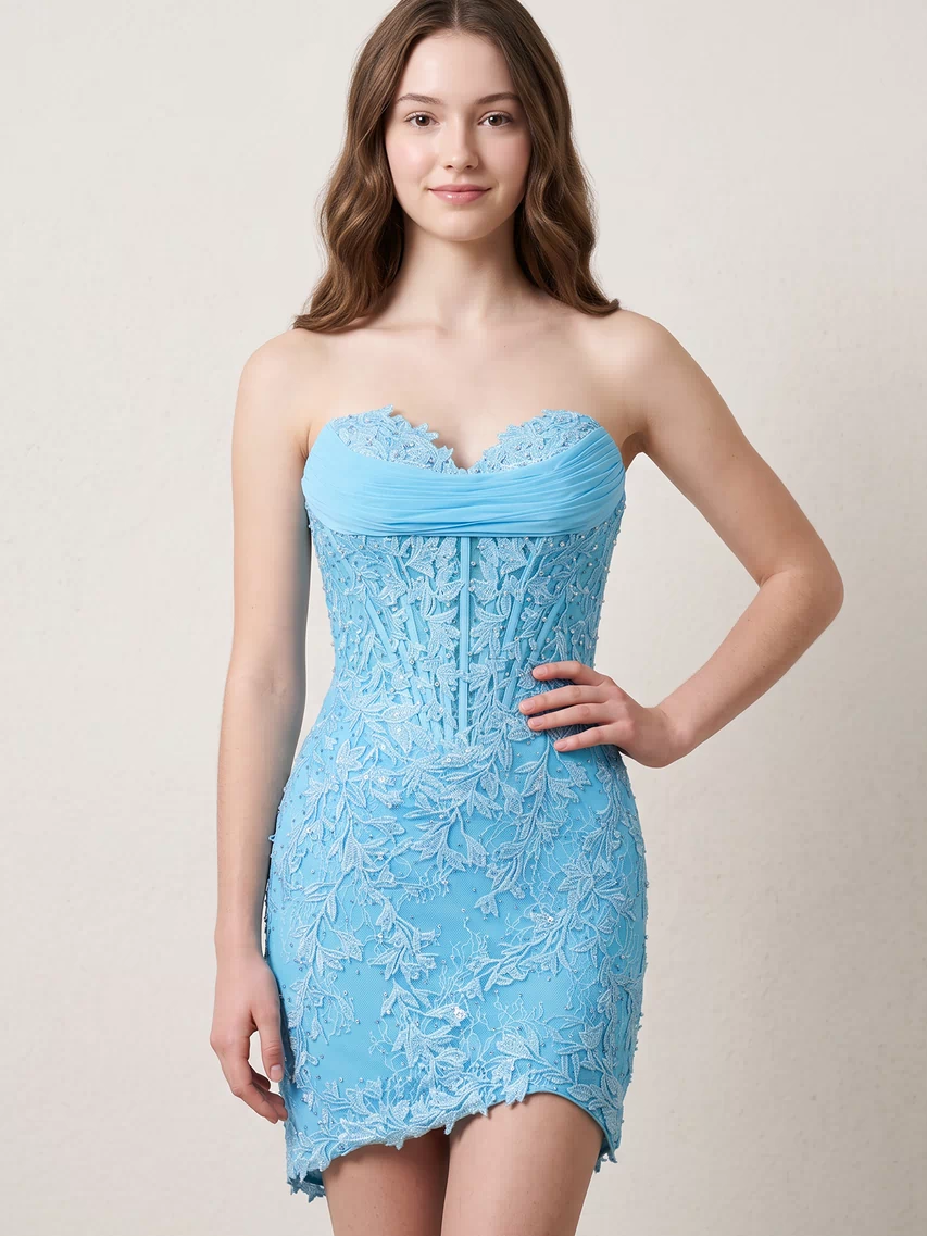 Blue Sweetheart Sheath Embroidered Appliqued Corset Homecoming Dress | KISSPROM