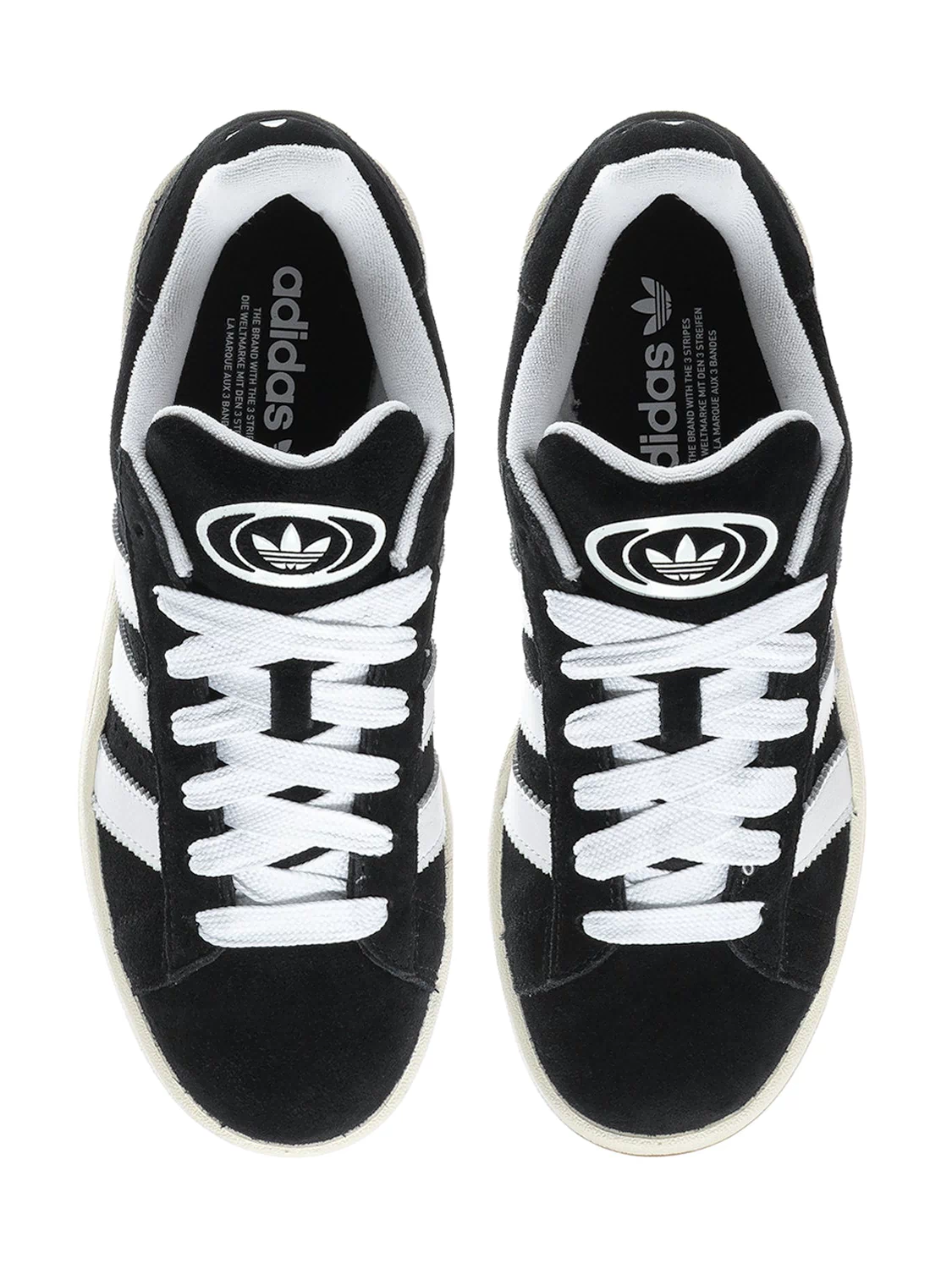 Men's adidas Campus 00s sneakers, black uppers with white stripes and lace panels