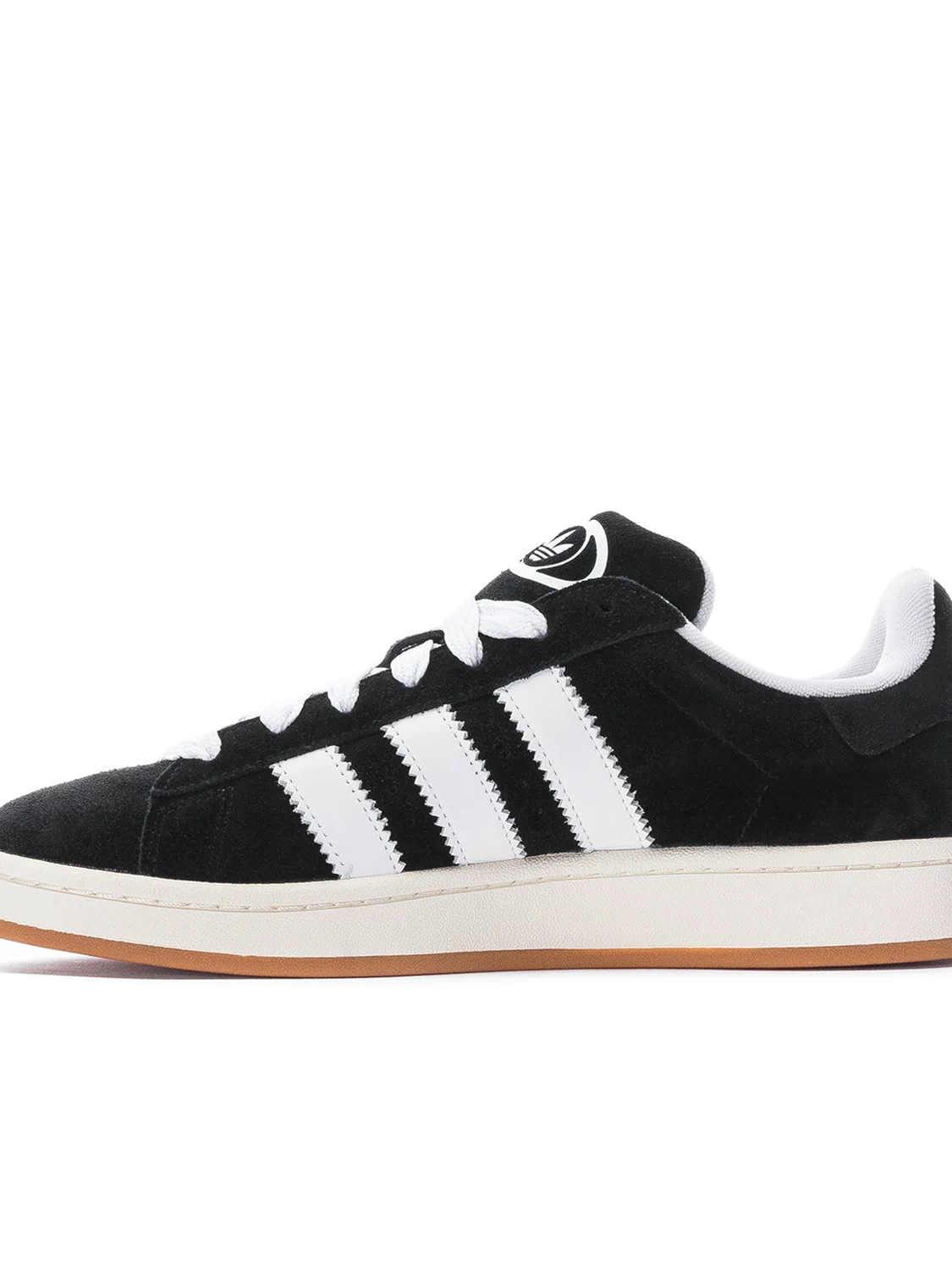Men's adidas Campus 00s sneakers, side profile in black with white stripes and gum sole