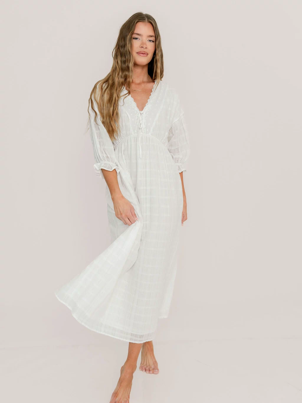 Hunter 100% Cotton Midi Dress with Lace Trim in Ivory - Bump Friendly