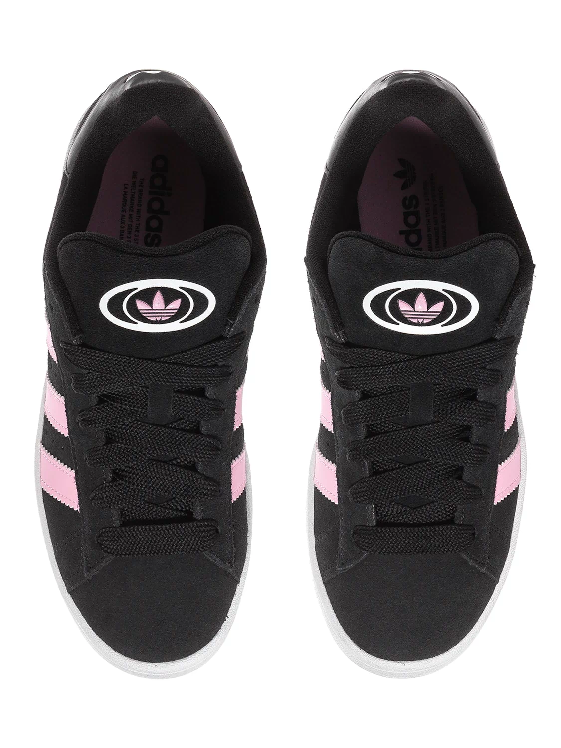 Pair of black lace-up sneakers with pink stripe accents and white rubber sole.