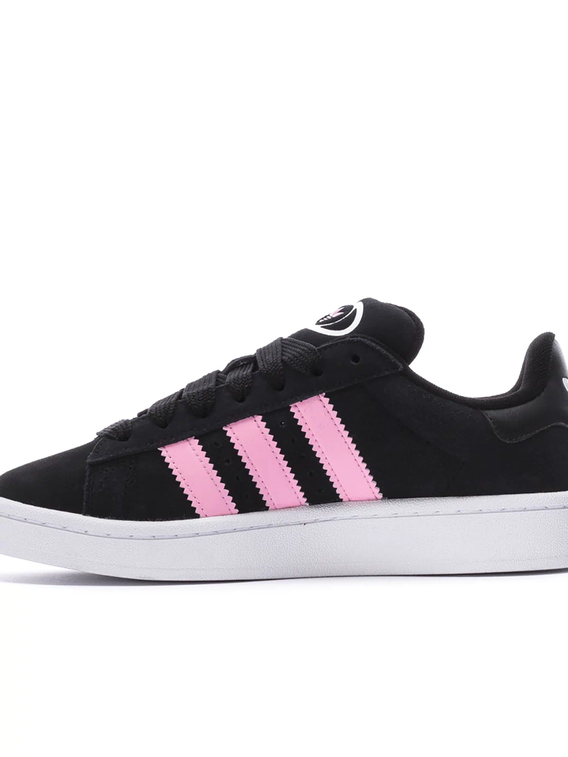 Black womens skate-style sneakers with pink and white three-stripe overlay and laces.
