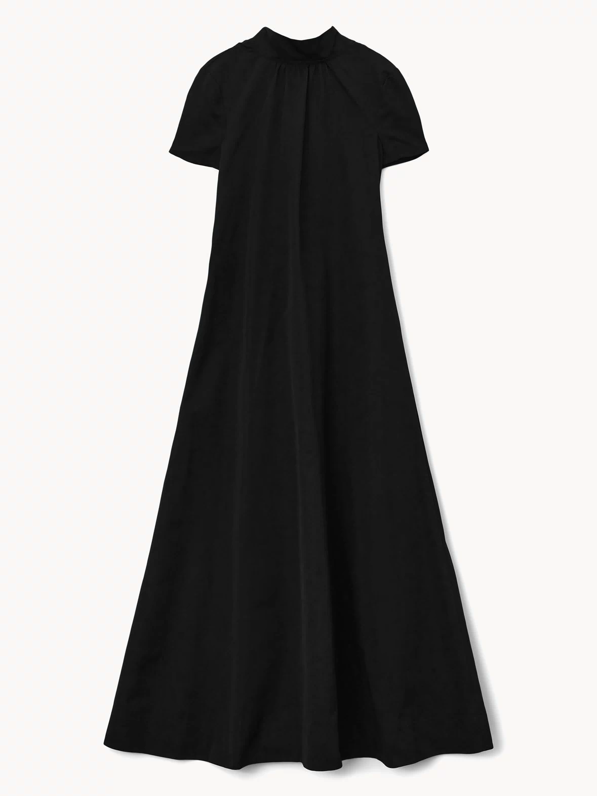 Black short-sleeve maxi dress with high gathered neck and full A-line skirt