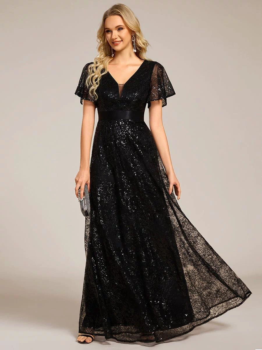 ever CORY|Illusion V-neck Short Sleeve Sequin Formal Maxi Dress