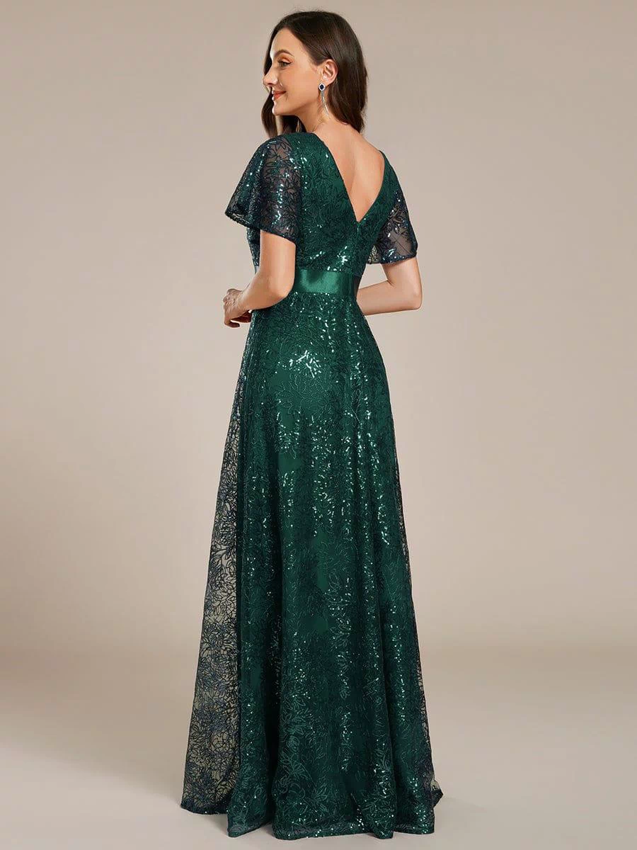 Illusion V-neck Short Sleeve Sequin Formal Maxi Dress #color_Dark Green