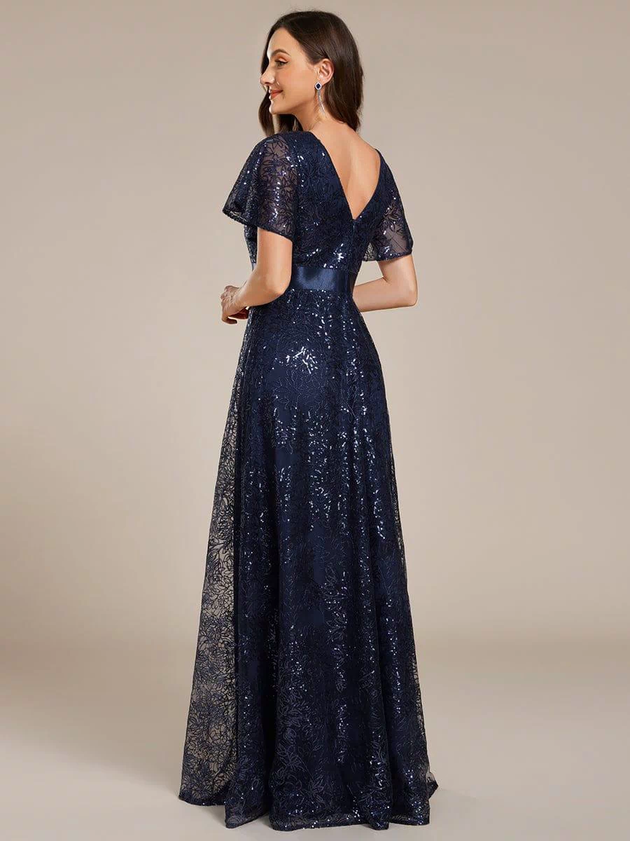 Illusion V-neck Short Sleeve Sequin Formal Maxi Dress #color_Navy Blue