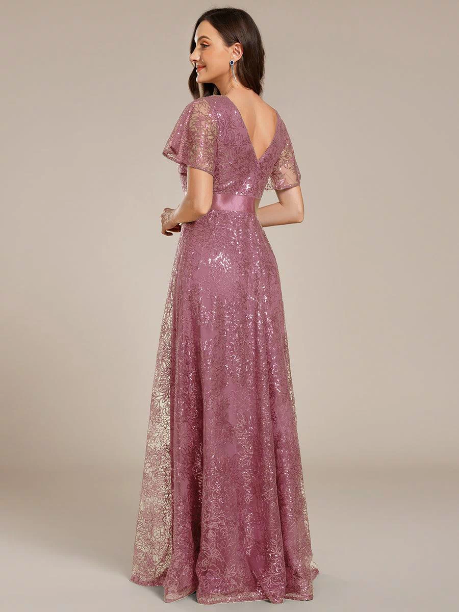 Illusion V-neck Short Sleeve Sequin Formal Maxi Dress #color_Purple Orchid