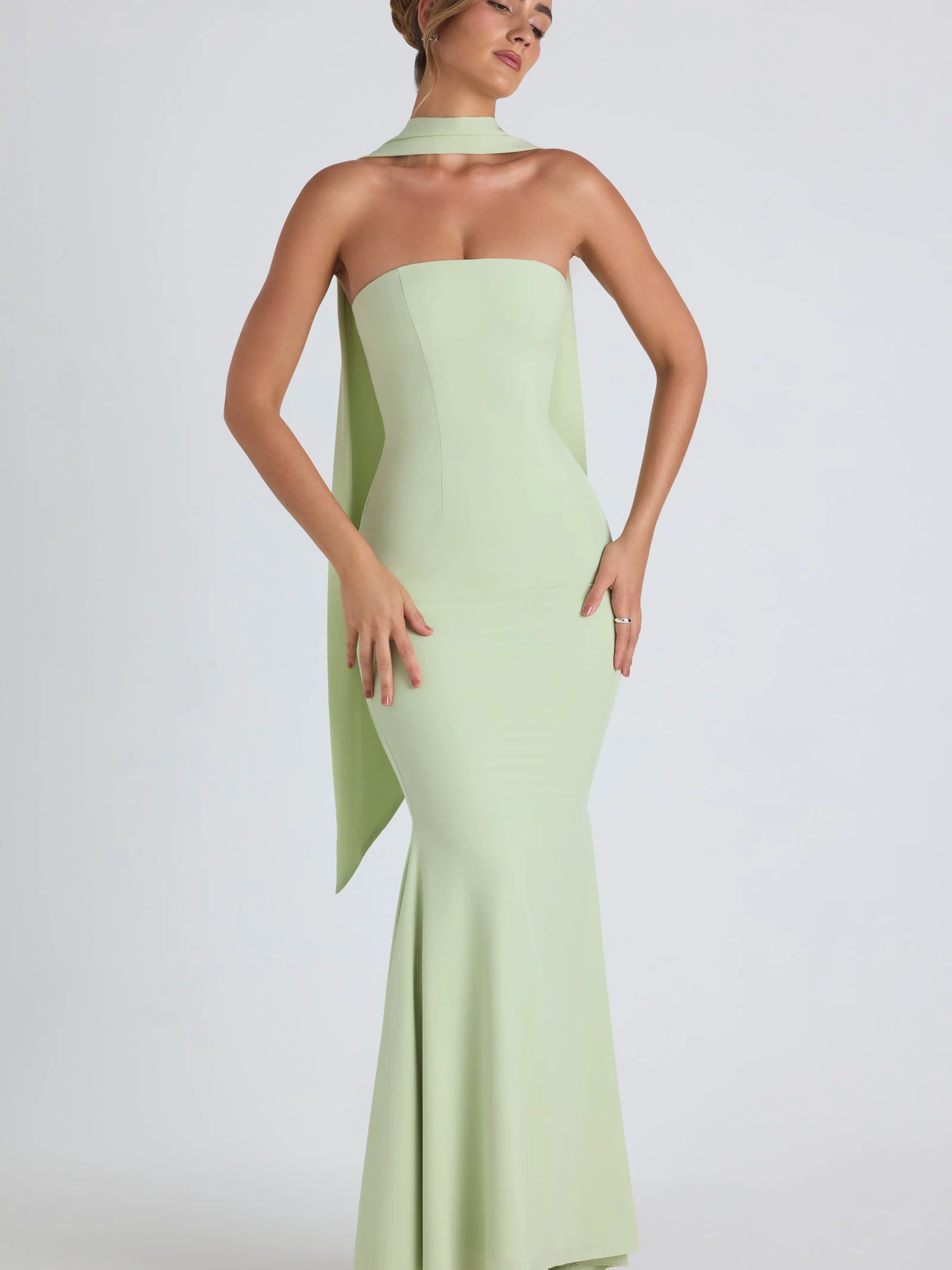 Scarf-Detail Strapless Gown in Spring Green