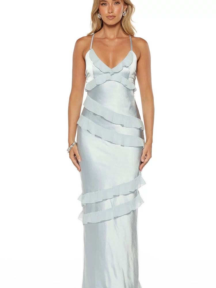Light blue satin maxi dress with a V-neck, thin straps, and tiered horizontal ruffles down the front
