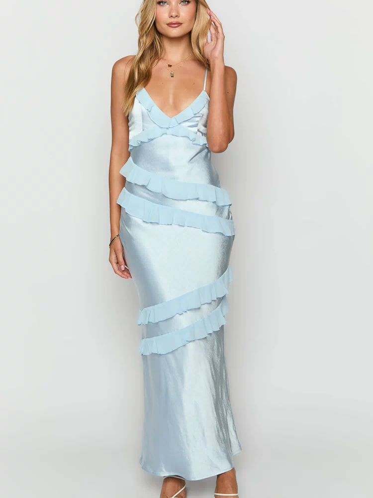 Light blue satin maxi dress with a V-neckline, thin straps, and cascading diagonal ruffles