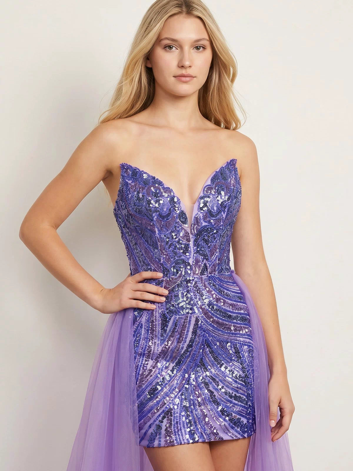 Lilac Sheath V Neck Sequined Mini Homecoming Dresses with Train | KISSPROM