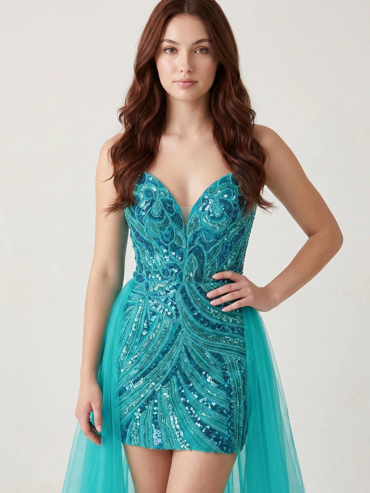 Turquoise Sheath V Neck Sequined Mini Homecoming Dresses with Train | KISSPROM