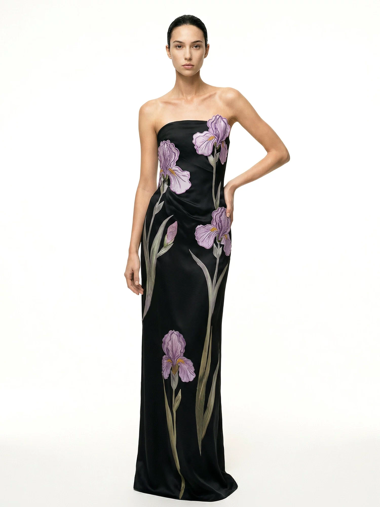 Iris Floral-Appliqué Strapless Maxi Dress - Black