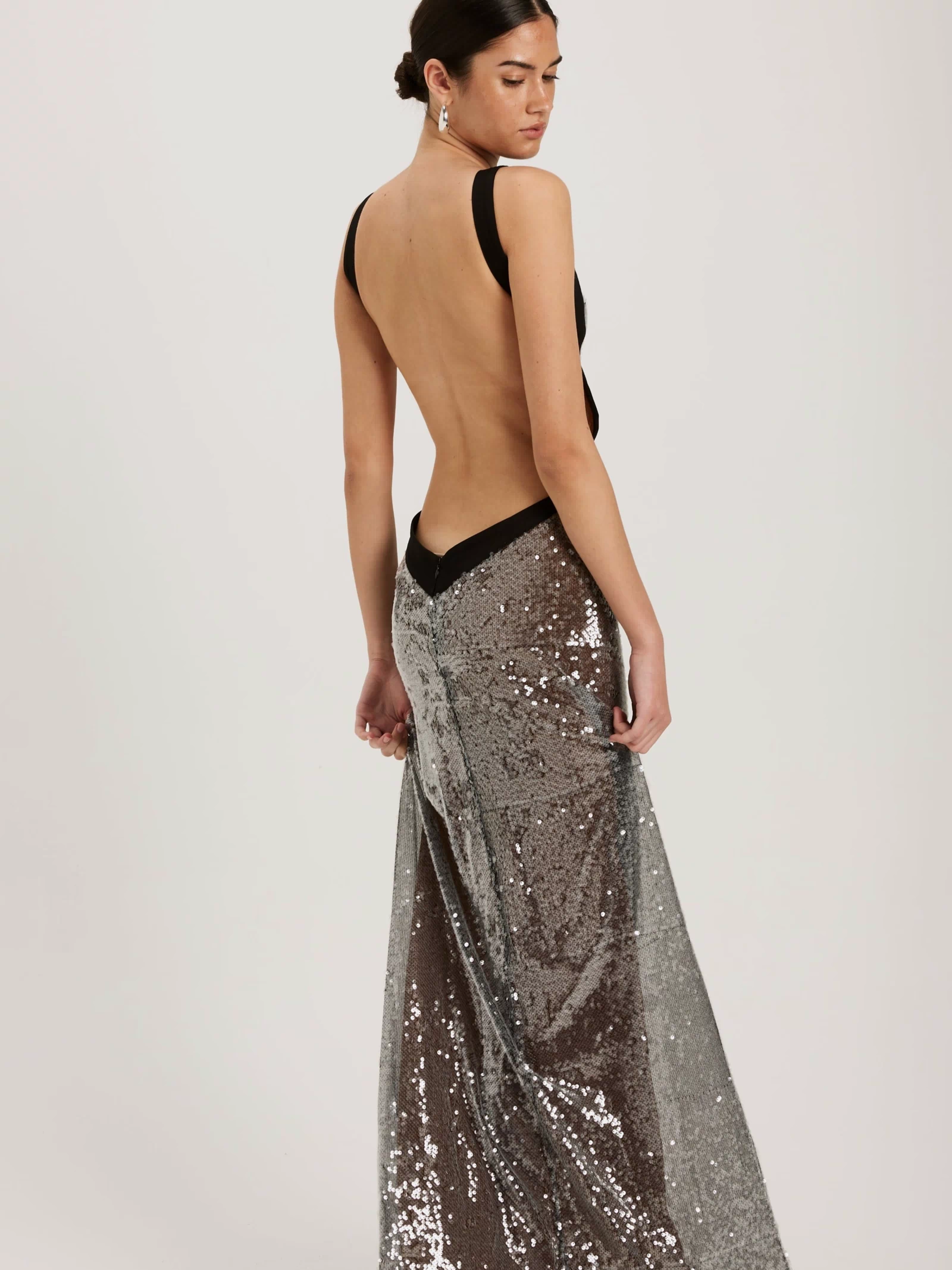 Sequin gown with black trim
