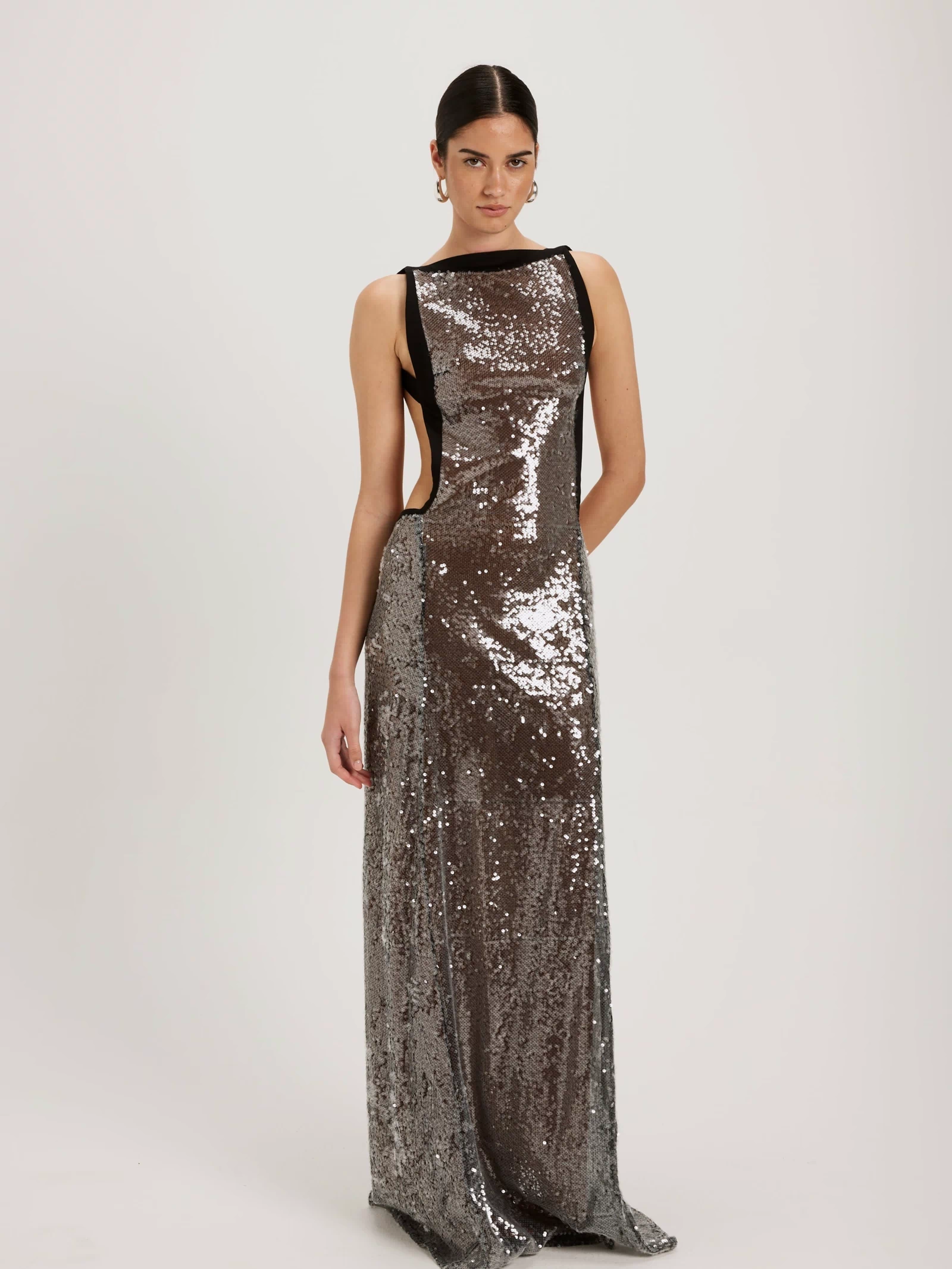 Sequin gown with black trim