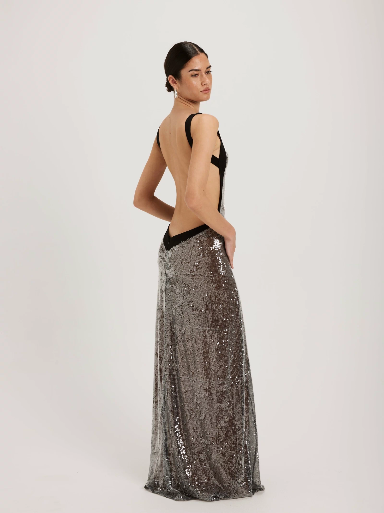 Sequin gown with black trim