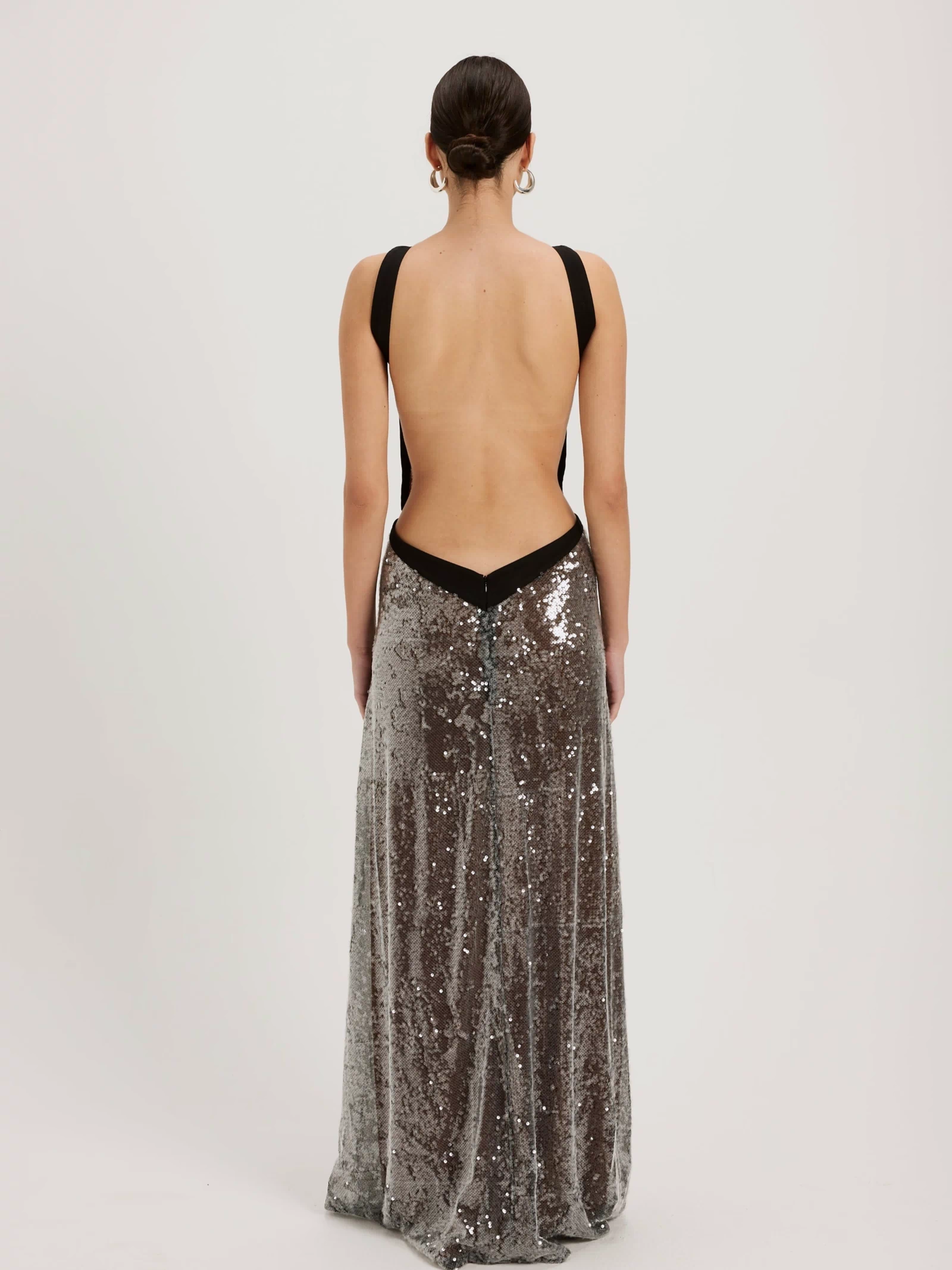 Sequin gown with black trim