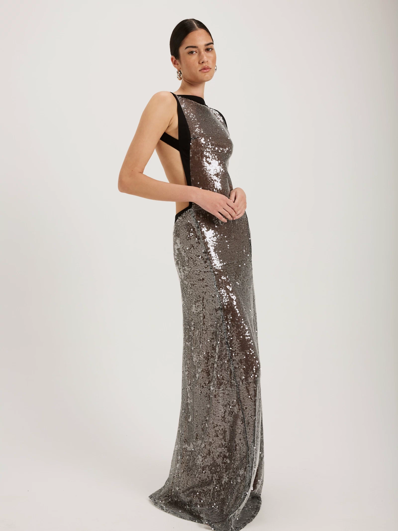 Sequin gown with black trim