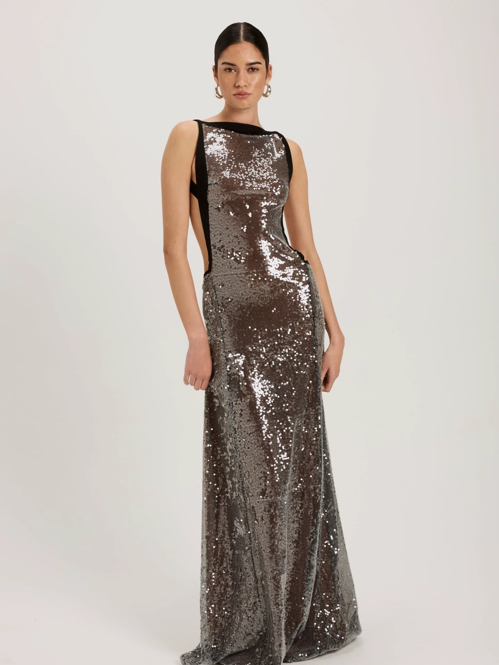 Sequin gown with black trim