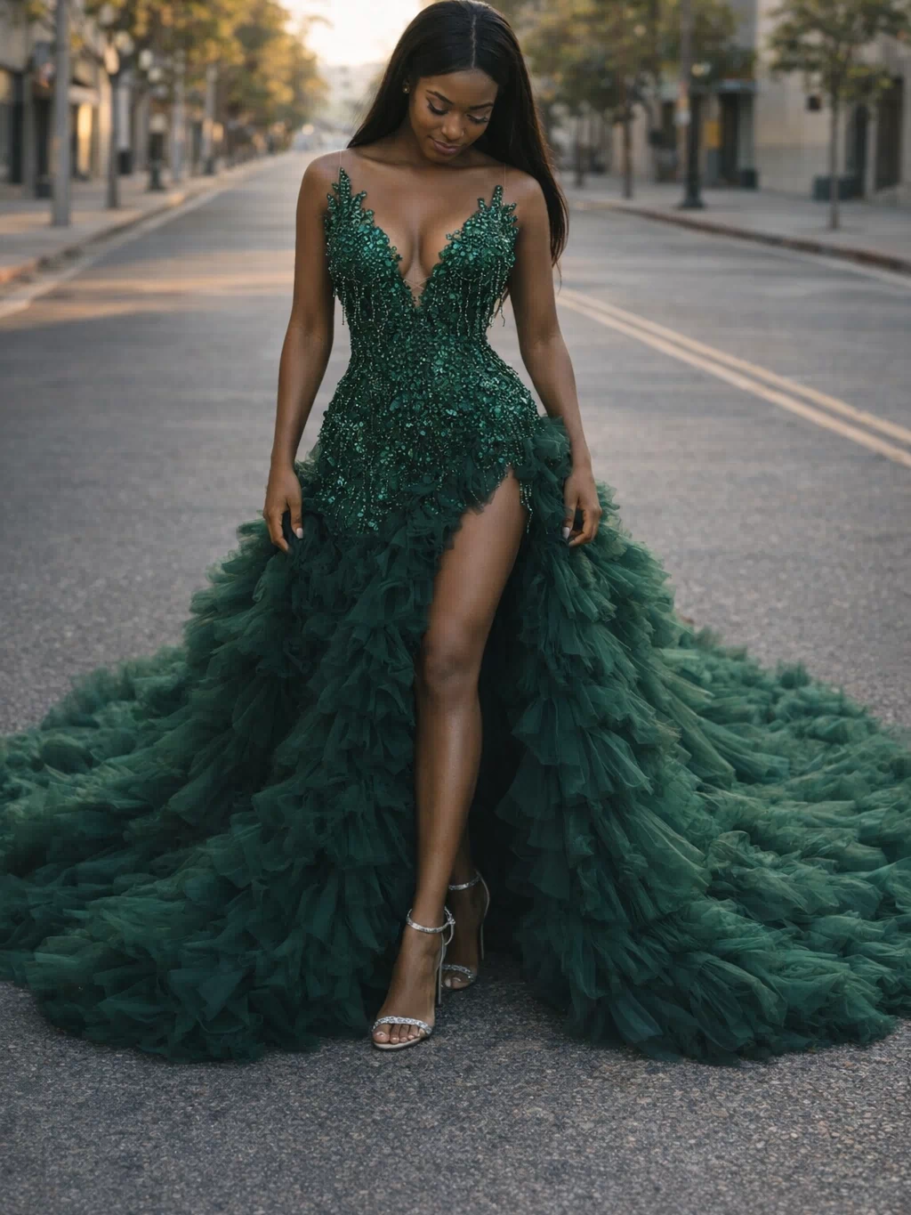 Felicia Green Sparkly Beads Sequin Diamond Prom Dress