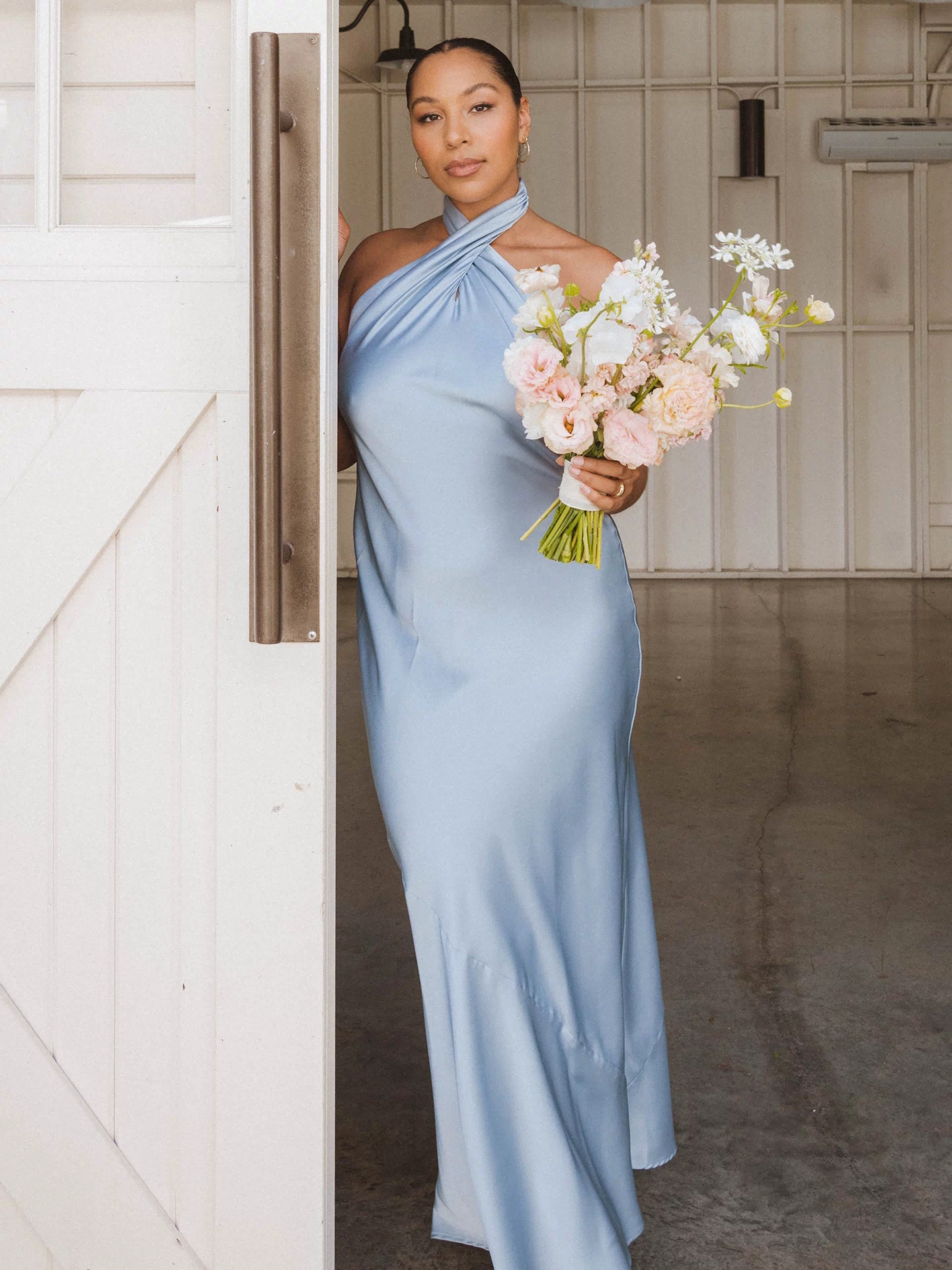Jasmine Halter Maxi Dress ~ Steel Blue Luxe Satin