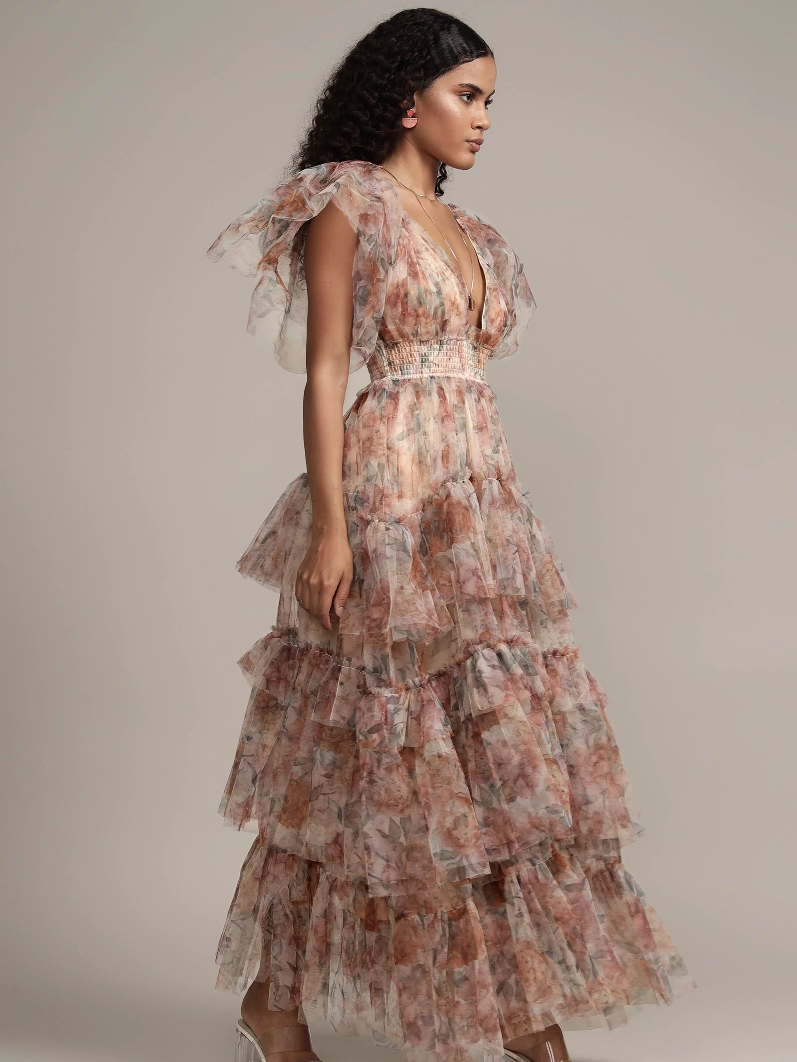 Jasmine Stiff Tulle Maxi Dress in Brown Floral Print