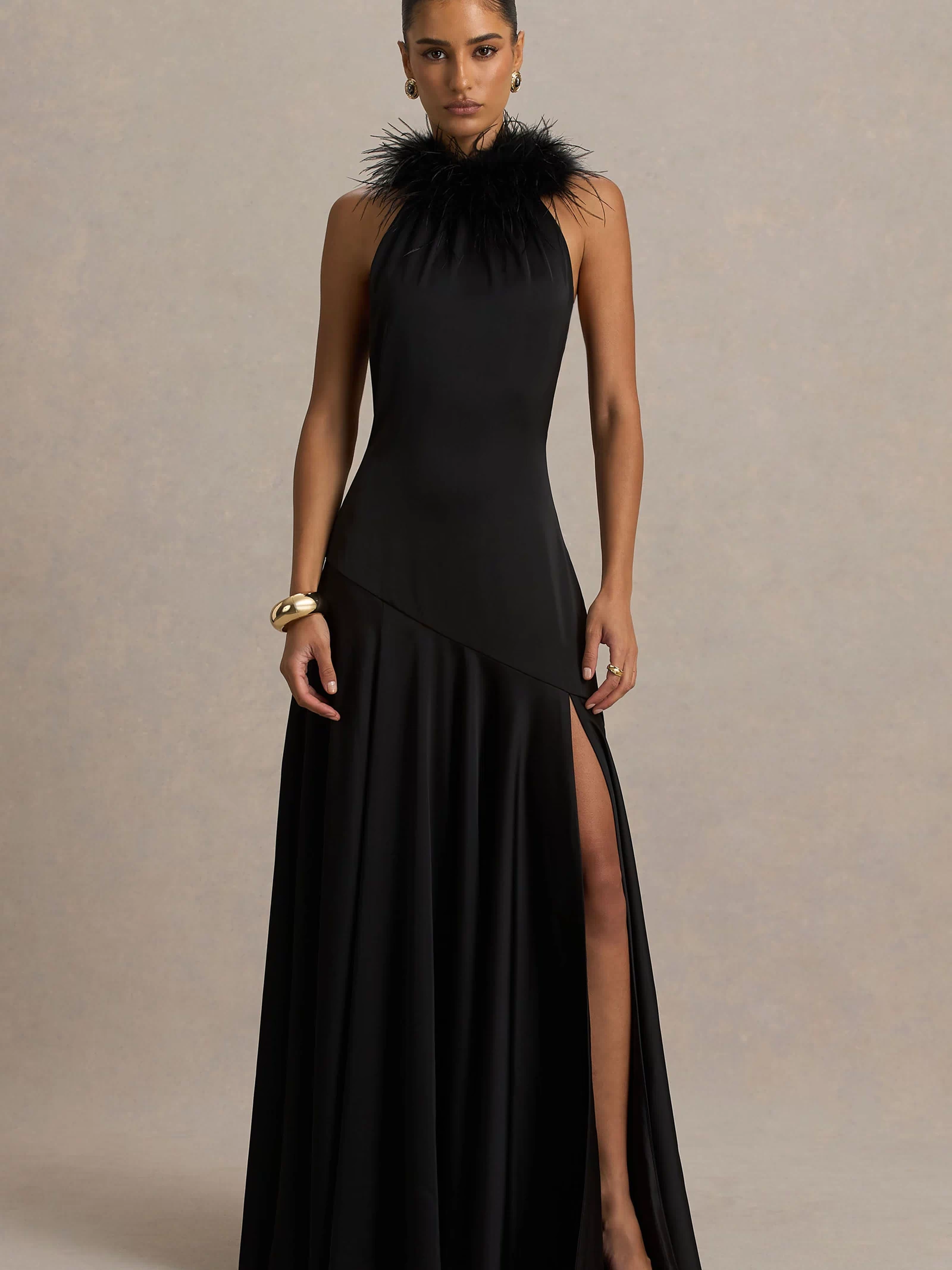 Jemima | Black Satin Halter-Neck Maxi Dress With Feather Trim