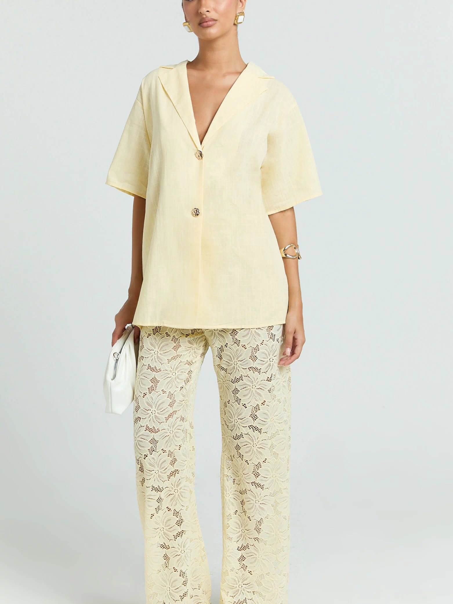 Jemma Two Piece Set - Relaxed Shirt and Lace Pants Set in Butter Yellow