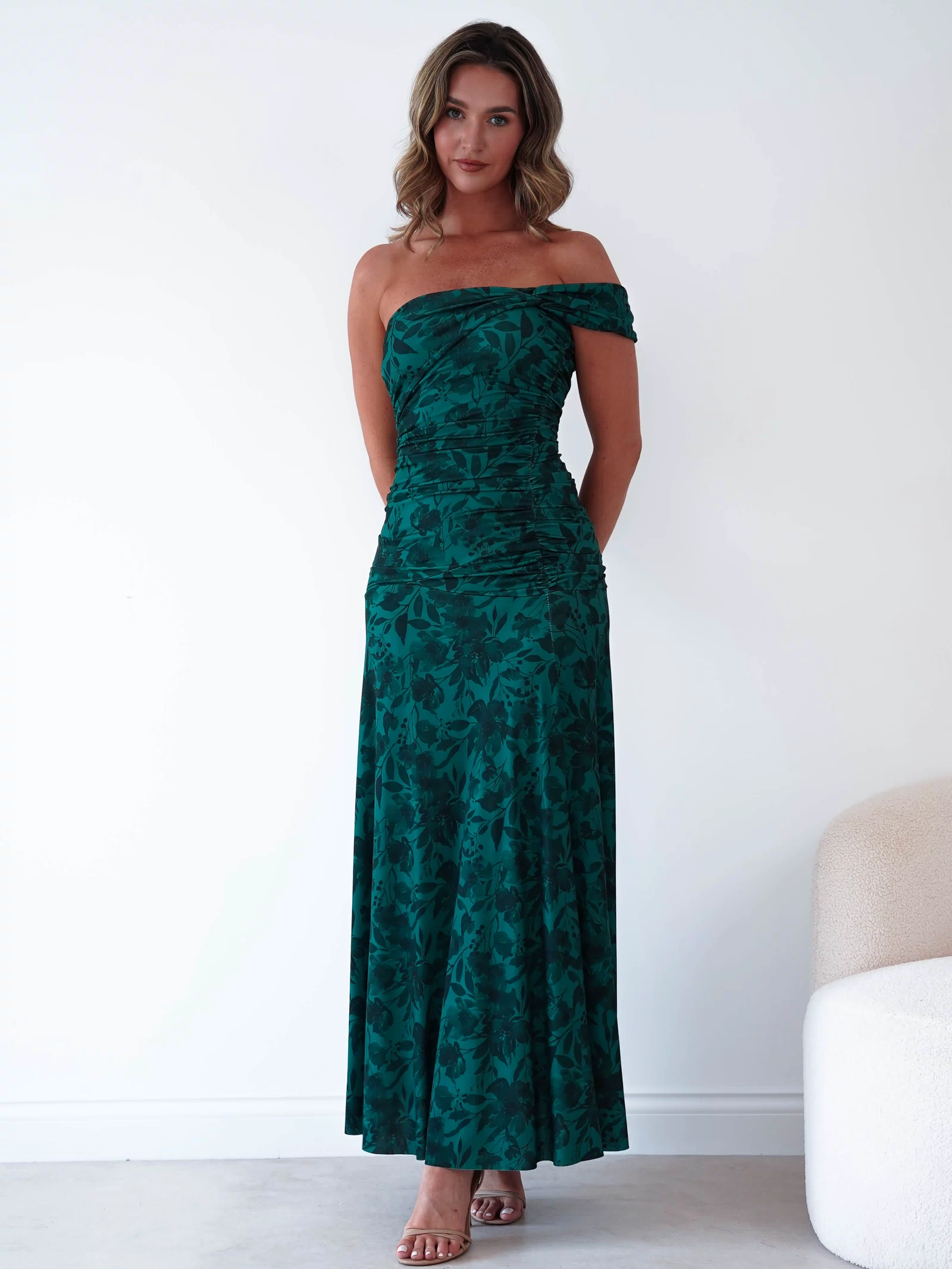 Jessie Floral Print Ruched Maxi Dress | Green