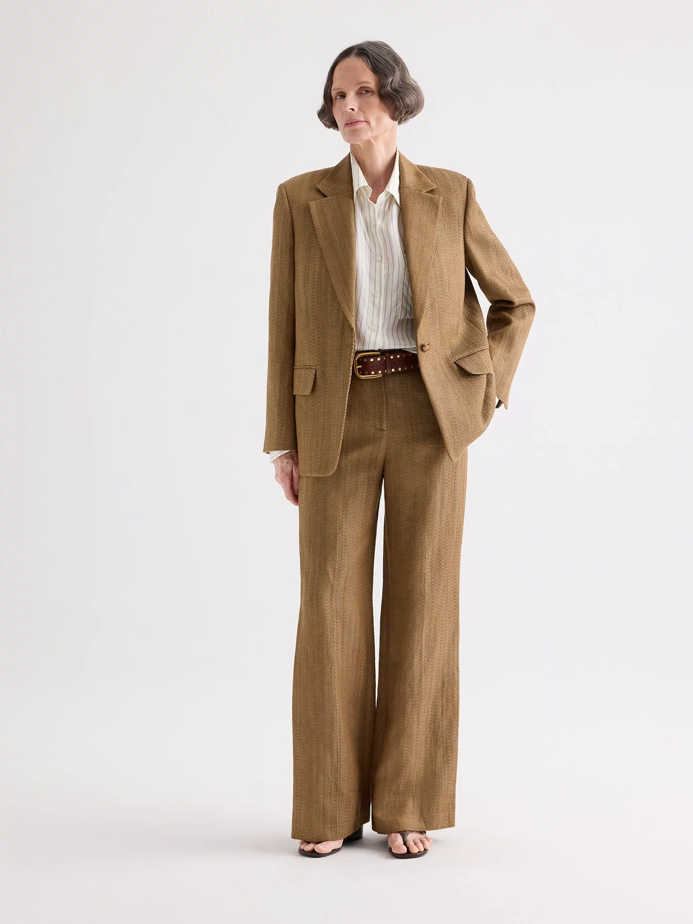 Kelp Herringbone Linen Blazer Styled with Wide-Leg Trousers - Full Length Front | TWP Clothing