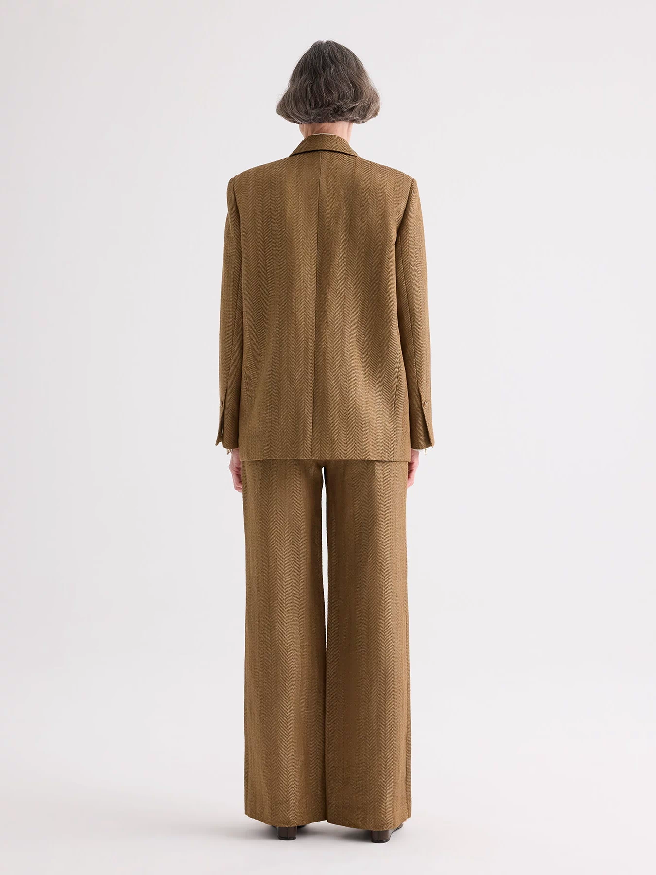Kelp Herringbone Linen Oversized Blazer - Three-Quarter Angle On Model | TWP Clothing