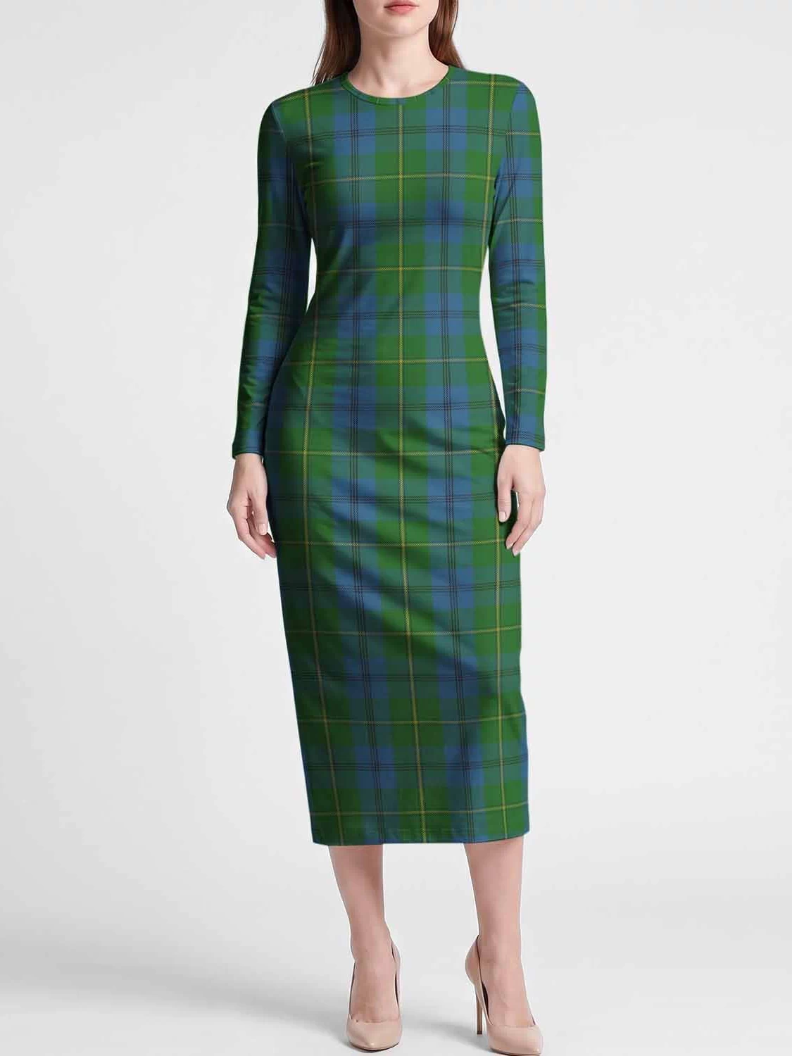Johnstone (Johnston) Tartan Long Sleeve Bodycon Midi Dress