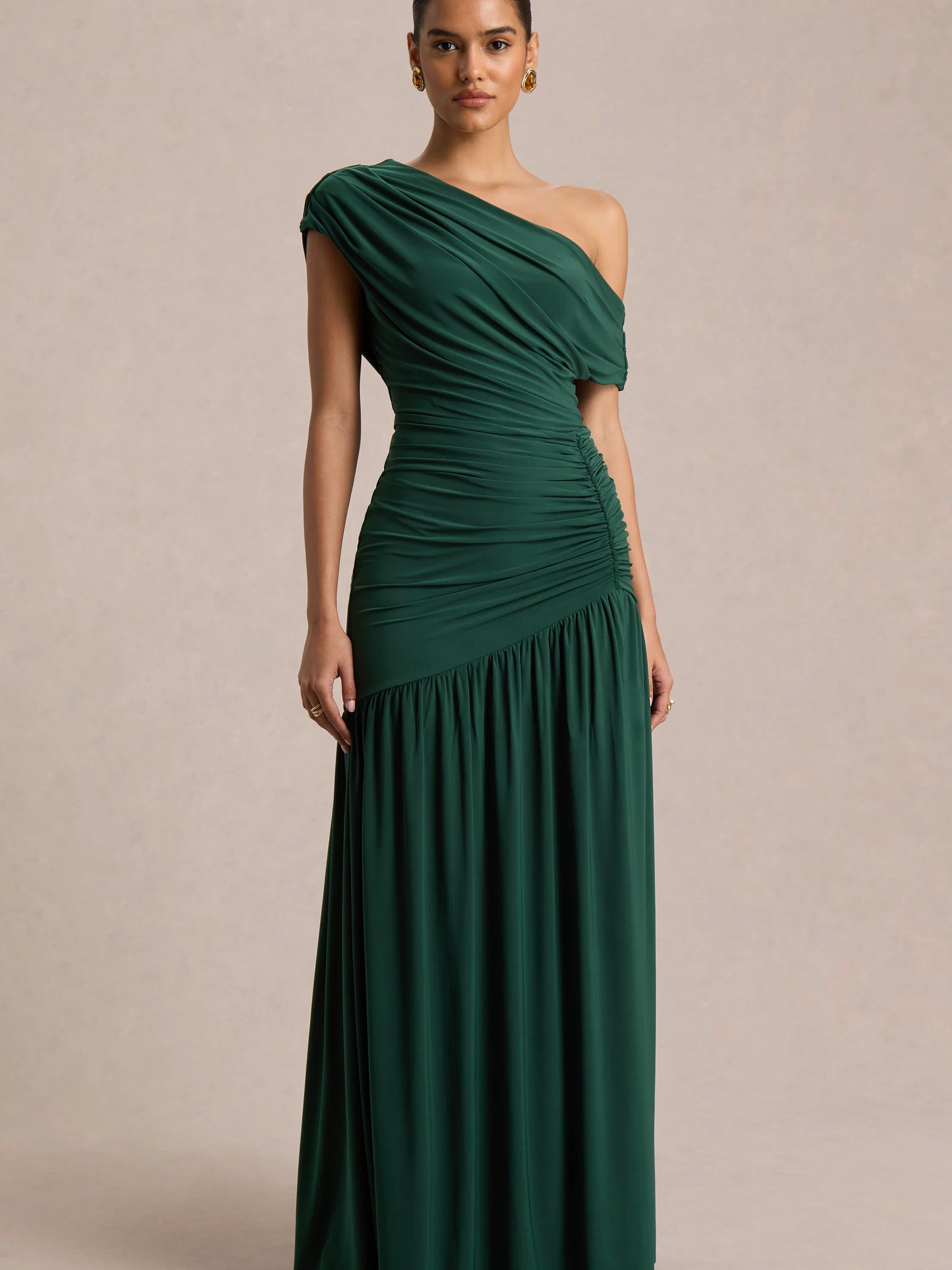 Kady | Dark Green Asymmetric-Neck Maxi Dress With Ruched Detailing