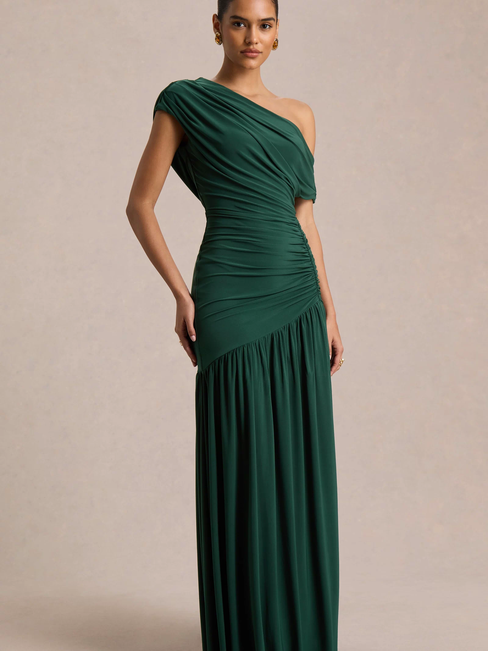 HR_CL136828038 - Kady Dark Green Asymmetric-Neck Maxi Dress With Ruched Detailing and Front-High Split 03.jpg