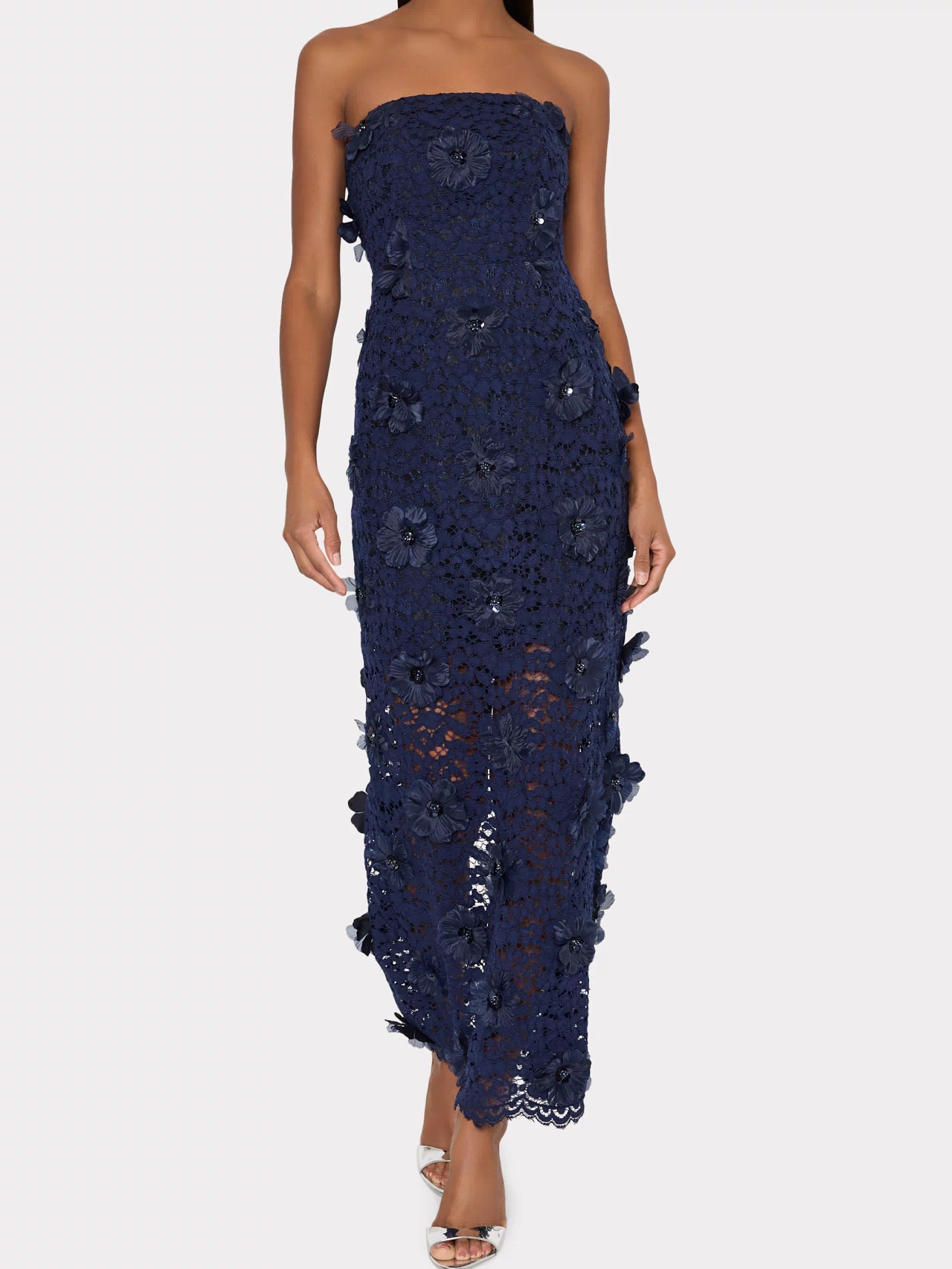 Navy Kait Floral Sequin Strapless Designer Dress - On Model Front View | MILLY