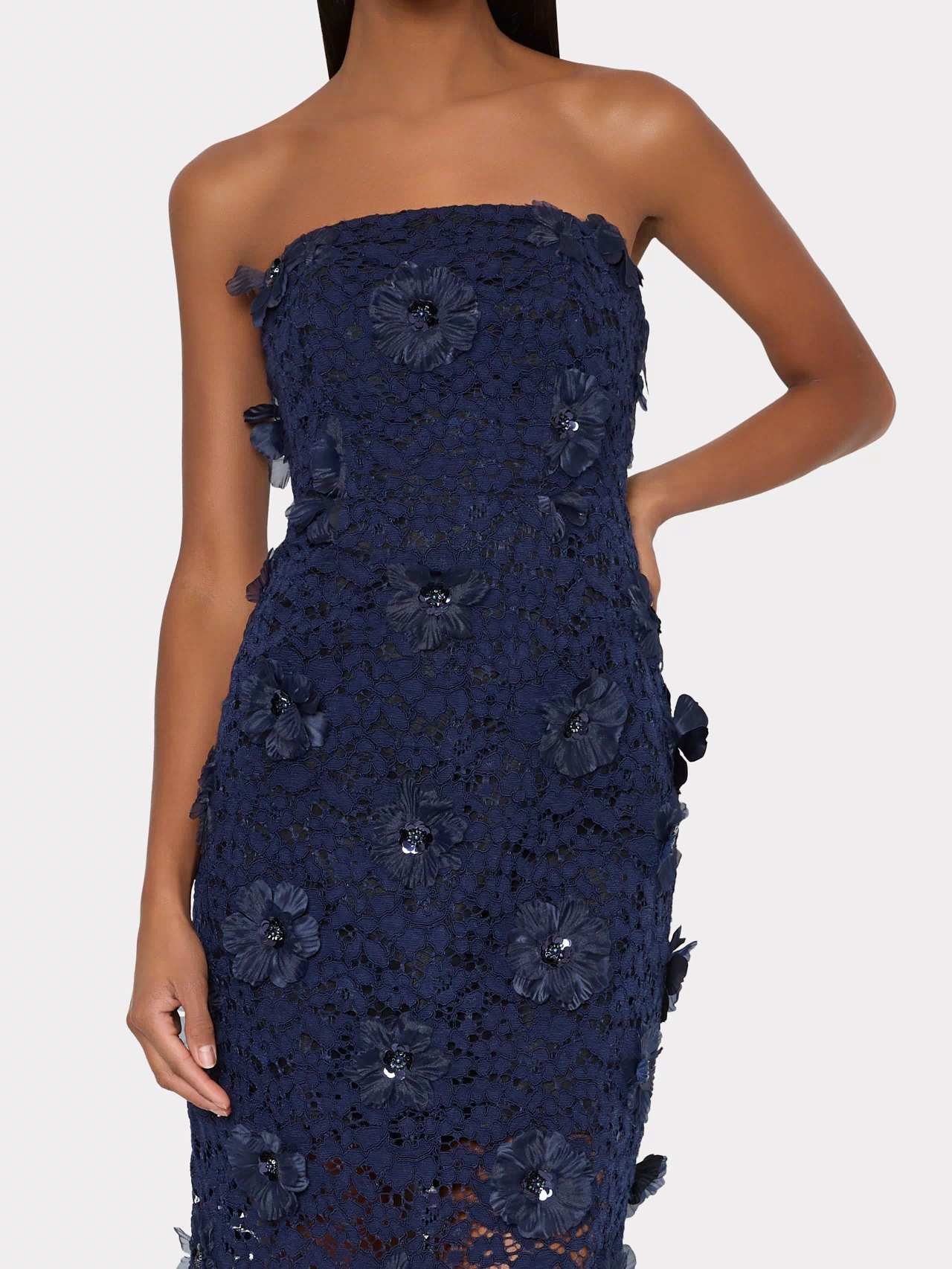 Navy Strapless Kait Floral Dress with Elegant Sequin Details - On Model | MILLY