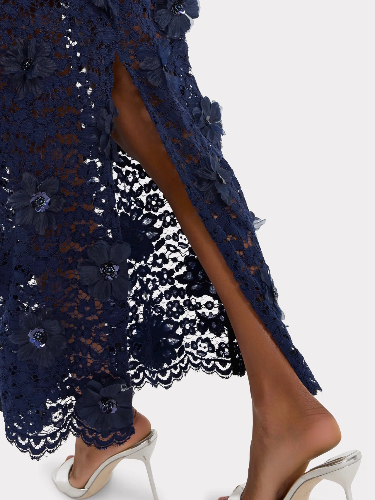 Navy Lace Dress with Floral Trim - Walking Detail Shot | MILLY
