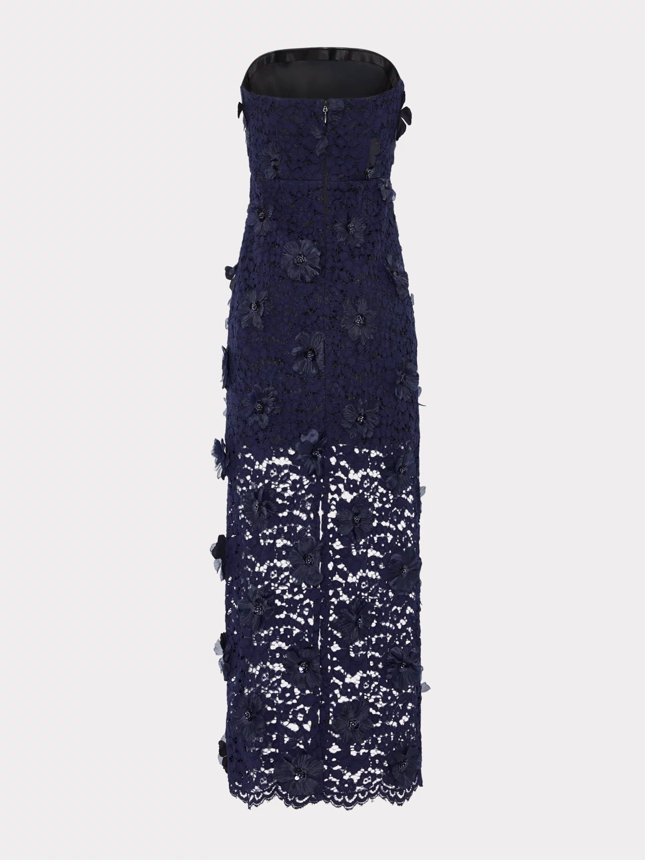 Navy Sequin Strapless Dress with Floral Lace Details - Back View | MILLY
