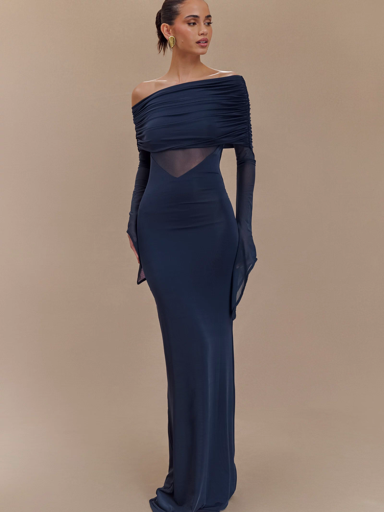 Kaitlin One Shoulder Slinky And Mesh Maxi Dress - Midnight Blue